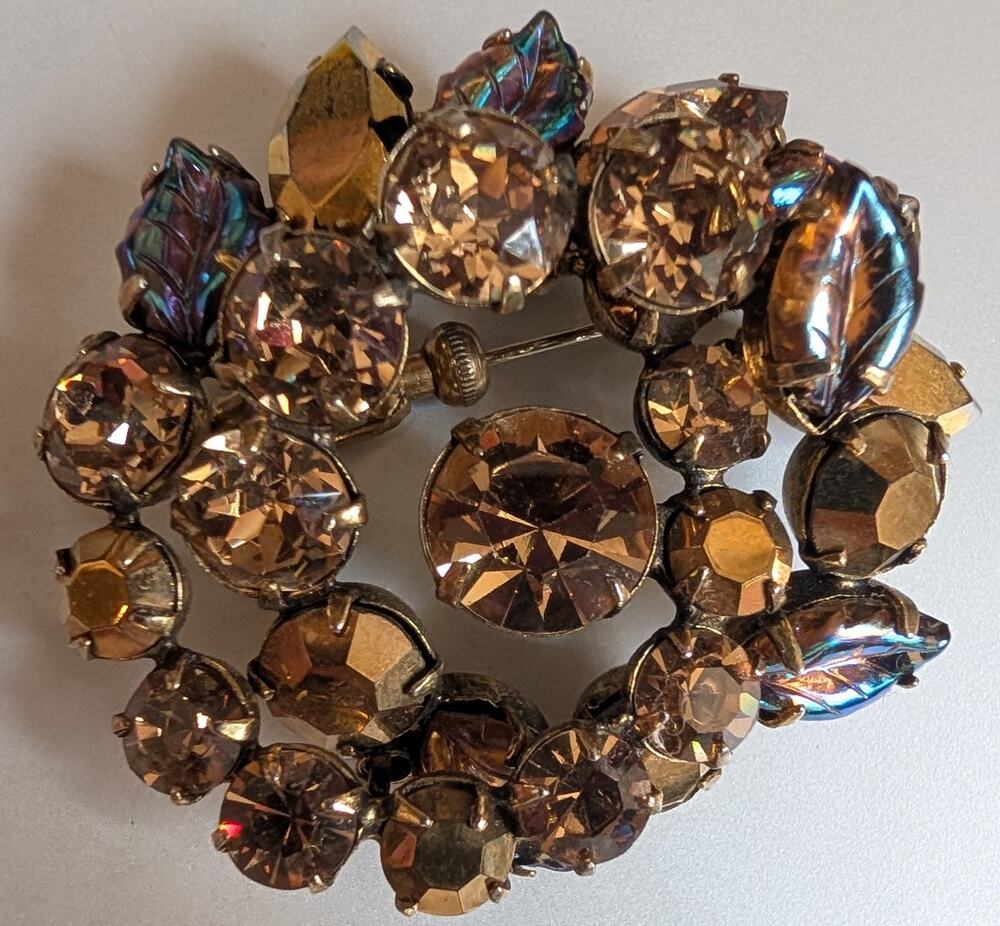 VTG Signed Regency 1950s Smoky Topaz AB Rhinestone Floral Brooch Pin